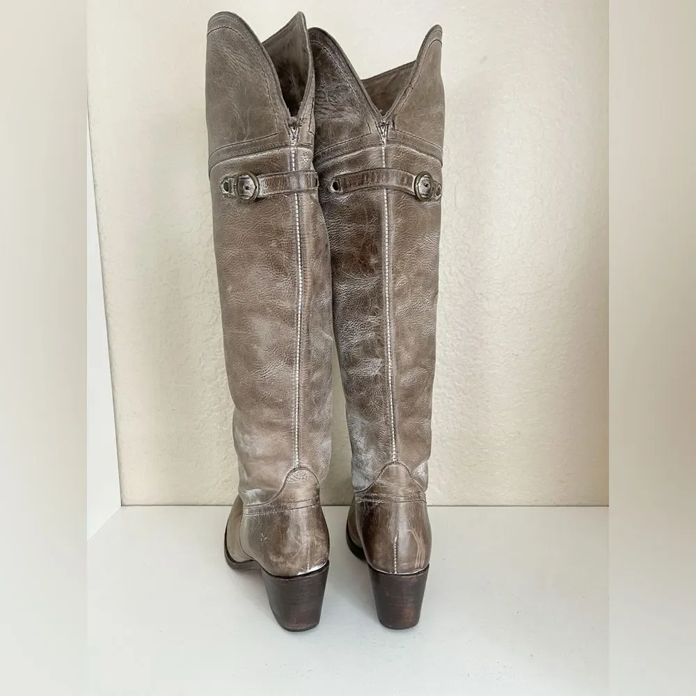 FRYE Jane Western Riding Knee High cuff heeled Boot in Gray Burnished Antique